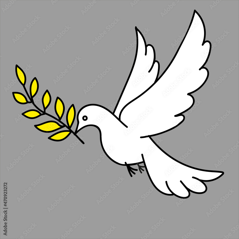Obraz premium Hand-drawn black vector illustration of one dove with a branch is flying on a gray background