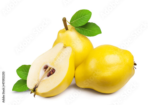 Photographie Ripe fruits of a quince and a half of a quince isolated on a white background