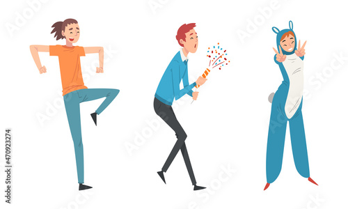 Cheerful Man and Woman Dancing and with Firecracker Having Party Vector Set