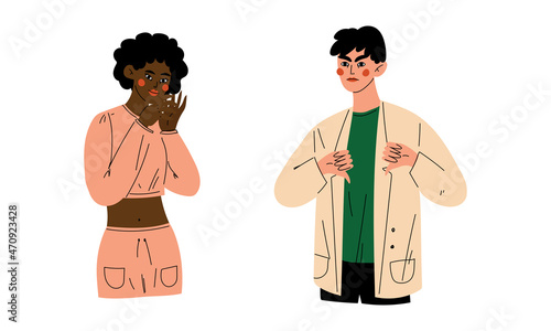 Young Man and Woman Showing Hand Gesture Expressing Emotion and Reaction Vector Set