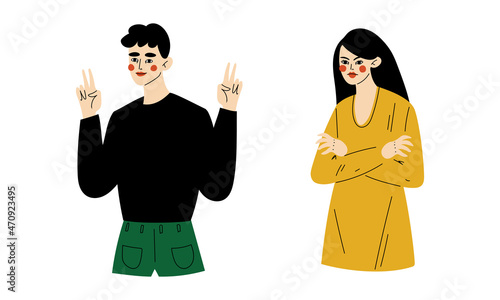 Young Man and Woman Showing Hand Gesture Expressing Emotion and Reaction Vector Set