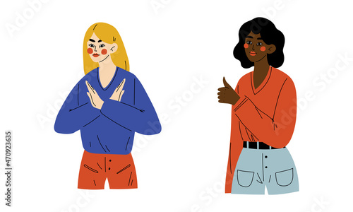 Young Woman Showing Hand Gesture Expressing Emotion and Reaction Vector Set