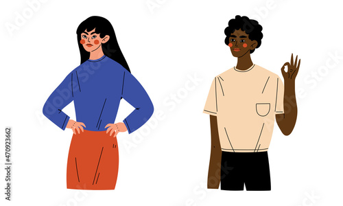 Young Man and Woman Showing Hand Gesture Expressing Emotion and Reaction Vector Set