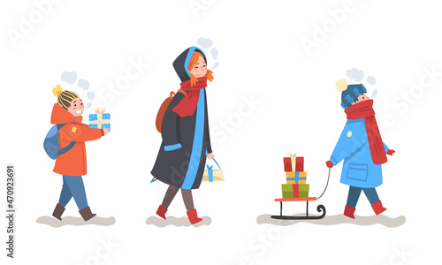 Winter Holiday with People Character Carrying Wrapped Gift Box Vector Set © topvectors