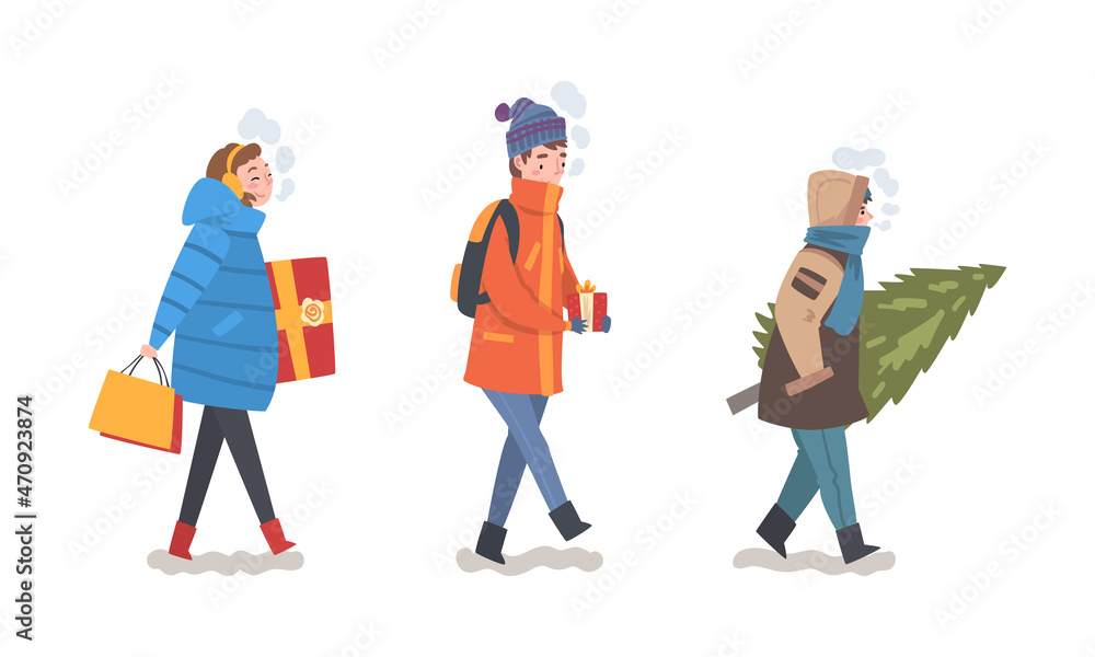 Winter Holiday with People Character Carrying Wrapped Gift Box and Fir Tree Vector Set