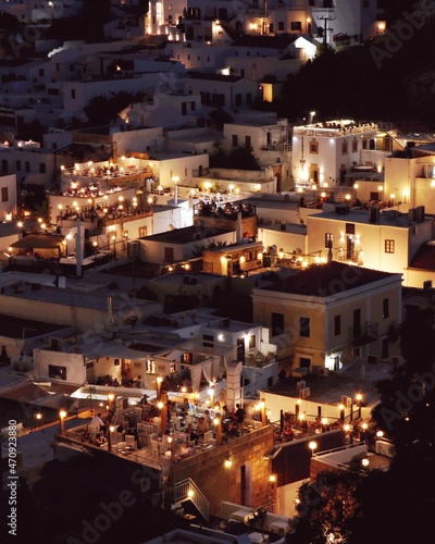 Lindos rooftop restaurants at night