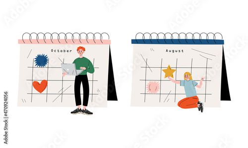 Young Man and Woman Near Huge Desk Calendar with Marked Appointment and Date Vector Set © topvectors
