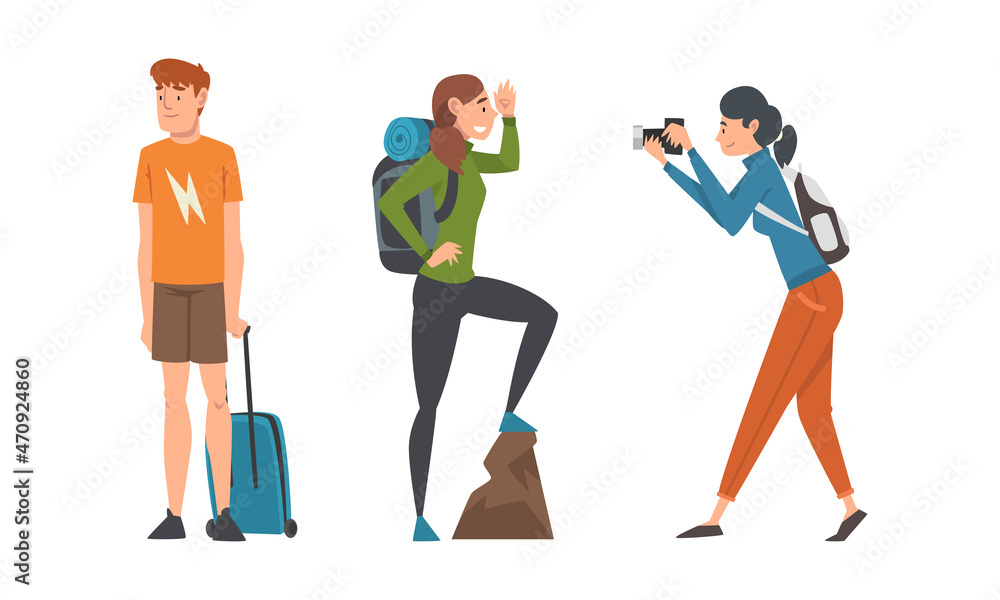 Fototapeta premium Young Man and Woman Traveler with Backpack and Suitcase Taking Photo and Hiking Vector Set