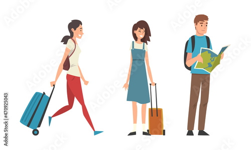 Young Man and Woman Traveler with Backpack and Suitcase Examining Map Vector Set