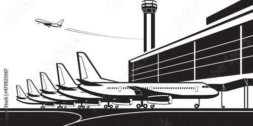 Passenger aircrafts at airport terminal - vector illustration