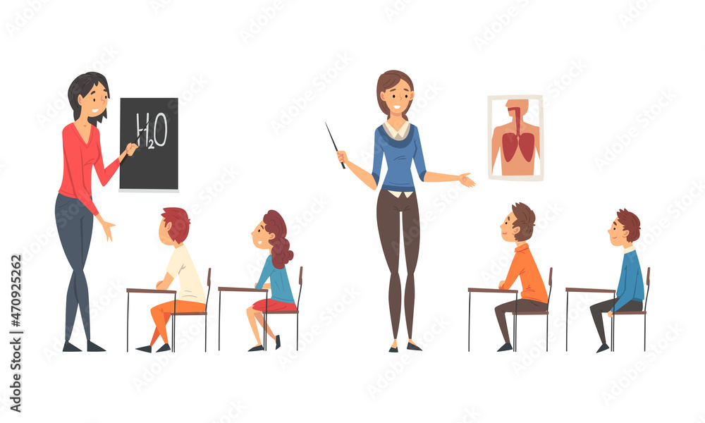 Woman School Teacher Teaching Pupil at Lesson and Kids Sitting and Listening Vector Set Woman School Teacher Teaching Pupil at Lesson and Kids Sitting and Listening Vector Set