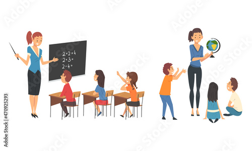 Woman School Teacher Teaching Pupil at Lesson and Kids Sitting and Listening Vector Set