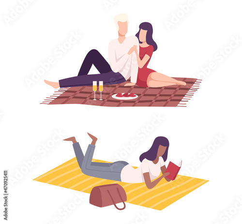 People Character Having Picnic in the Park Sitting on Blanket with Drink and Reading Book Vector Set