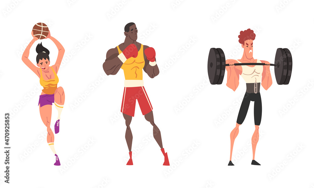 Man and Woman Athlete Boxing and Lifting Barbell Vector Set Man and Woman Athlete Boxing and Lifting Barbell Vector Set