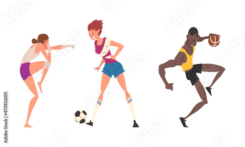 Man and Woman Athlete Playing Football and Basketball Vector Set