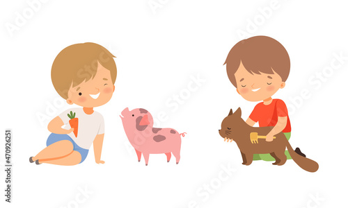 Little Boy Feeding Pig Pet with Carrot and Brushing Cat Vector Set
