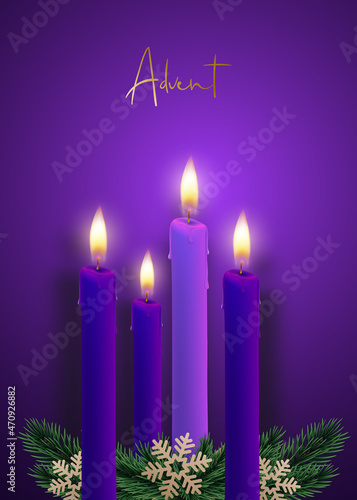 Advent candles on a dark purple background. 4 realistic violet candles, tree branches and snowflakes. Christmas illustration.