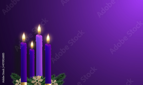 Advent purple candles. Christmas card. Realistic violet candles decorated with fir tree twigs. Festive vector illustration.