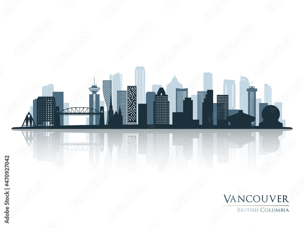 Vancouver skyline silhouette with reflection. Landscape Vancouver, British Columbia. Vector illustration.