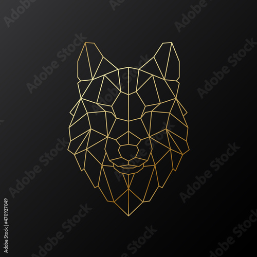 Vector Wolf head illustration in polygonal style. Golden geometric Wolf silhouette on black background. Vector mascot.