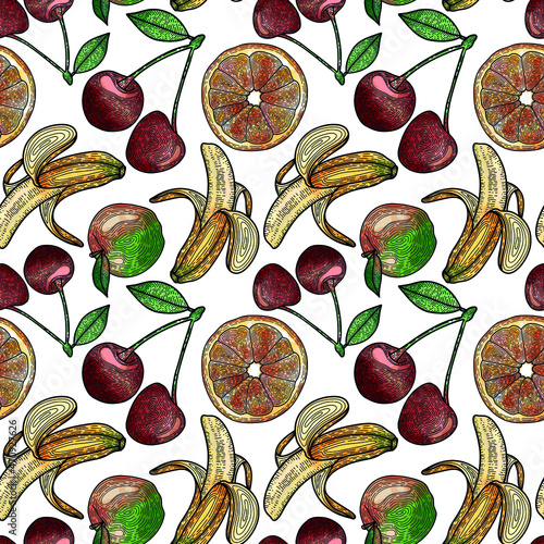 Seamless pattern fruit vector,orange,cherry,banana,apple watercolor. Multifruit watercolor pattern on a white background. Vector mix of fruits. Fruit in the sketch style.