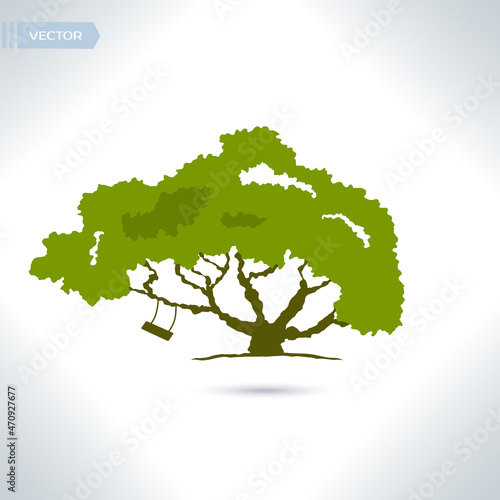 Happy childhood logo. Playground logo. Tree Playing for Kids. Play the swing under the tree. Tree Logo Template.