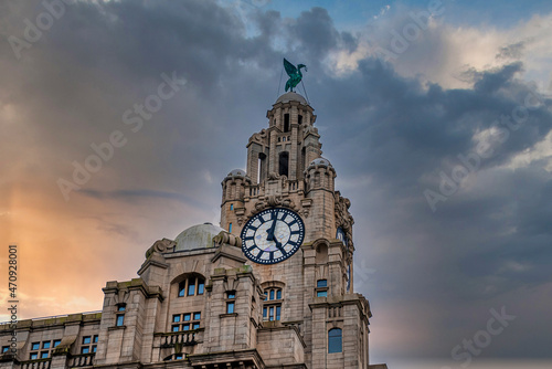 The Royal Liver Building with clock tower and fabled liver bird statue on top of dome