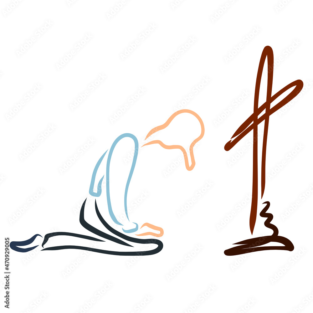 grieving man prays, kneeling at the cross, bowing his head low grieving man prays, kneeling at the cross, bowing his head low