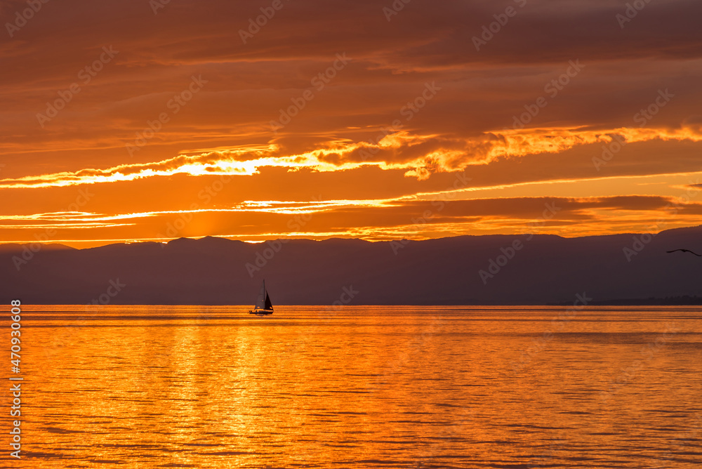 Sailboat on Lake Geneva at the golden hour of sunset.