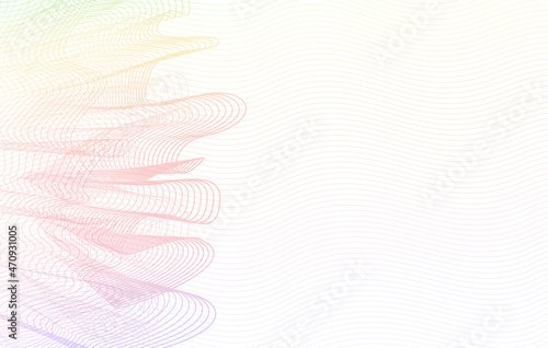 Pale violet, light red, yellow, green ruched net pattern. Abstract vector watermark for cheque, bonus card, coupon, certificate. Guilloche art line design. Ripple thin curves. White background. EPS10