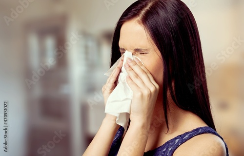 Sick, Coronavirus covid-19 young woman, have a fever, flu and use tissues paper sneezing nose,