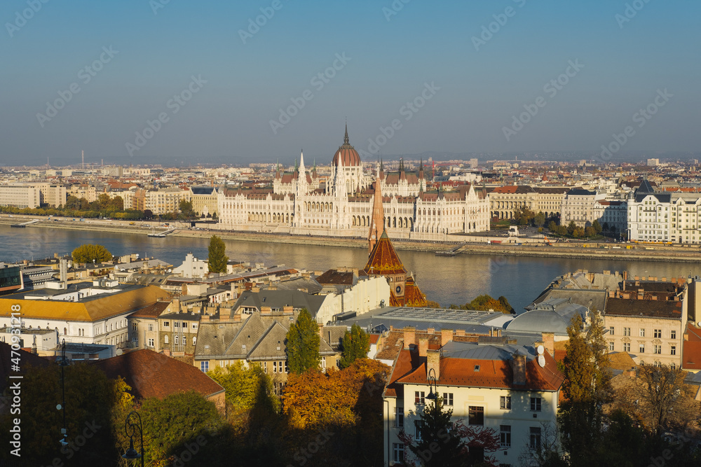 Panoramic view of the Parliament building and Budapest. Colorful autumn view in Budapest, Hungary, Europe.