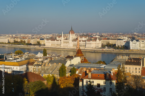 Panoramic view of the Parliament building and Budapest. Colorful autumn view in Budapest, Hungary, Europe.