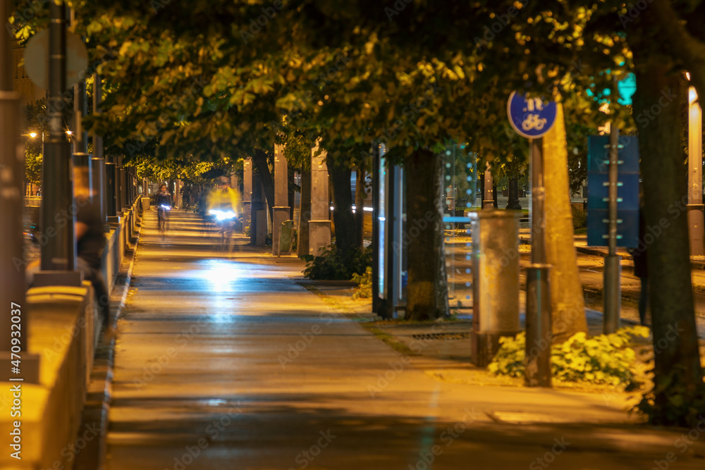 Illuminated downtown street at night Budapest, Hungary