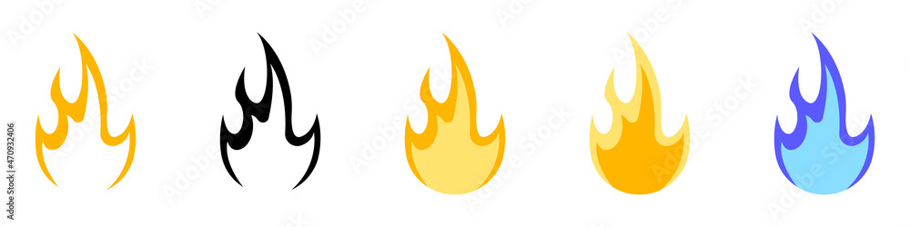 Flames vector set. Fire icons set in flat style. Ignition on a white background. Vector illustration. Flames vector set. Fire icons set in flat style. Ignition on a white background. Vector illustration.