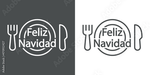 Logotipo con texto Feliz Navidad con plato y cubiertos con líneas en fondo gris y fondo blanco para su uso en invitaciones y tarjetas de felicitación