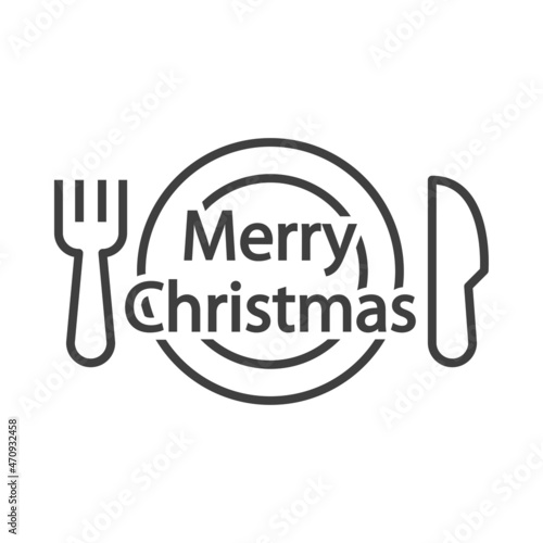 Logotipo con texto Merry Christmas con plato y cubiertos con líneas en color gris para su uso en invitaciones y tarjetas de felicitación