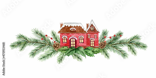 Watercolor Christmas a card with a house and fir branches.