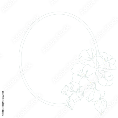 Silver elegant oval frame with hibiscus for greeting cards, wedding invitations and covers. White background. Vector isolated illustration.