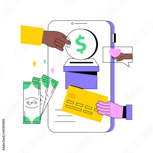 Donation abstract concept vector illustration. Donation website tab, support us, donate button, charity giving, nonprofit service, UI element, web page design, crowdfunding abstract metaphor.