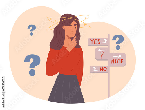 Young confused woman is standing and expressing frustration. Concept of frustration, doubt, having no idea. Girl with difficult situation trying to find solution. Flat cartoon vector illustration