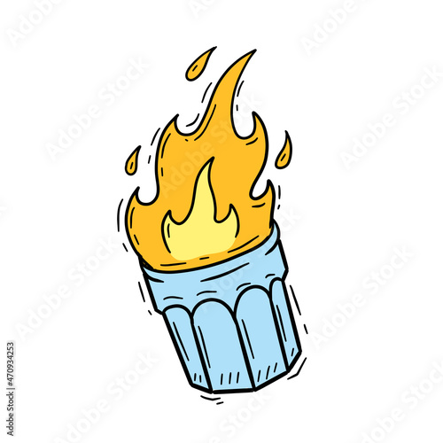 Burning glass. Tequila in glass. Fire cocktail in shot glass. Hand drawn illustration
