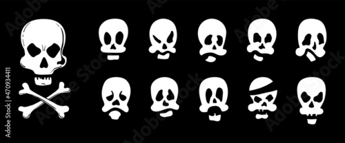 A skull with bones and a set of funny emotional skulls.