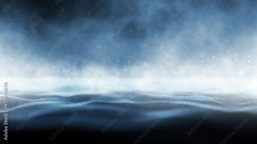 wavy texture landscape with fog effect and flickering particles abstract concept copy space seamless loop background animation.