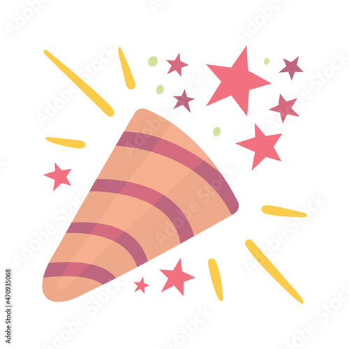 Party celebrate concept. Petard cartoon style, hand drawn vector illustration. Exploding party popper with confetti. Shooting slapstick. Part of set.