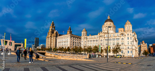 Liverpool, England. September 30, 2021. 'The Three Graces' part of Liverpool Maritime Mercantile City. On the left is the Royal Liver Building, in the centre is the Cunard Building photo