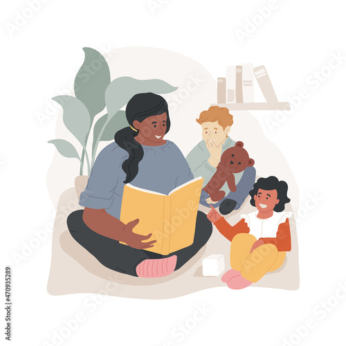 Listen to reading aloud isolated cartoon vector illustration. Child listens to adult reading book, reading for infant, cognitive skills development, daycare center, child care cartoon vector.