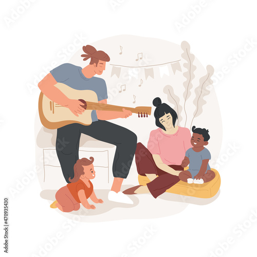 Listen to music isolated cartoon vector illustration. Infant listens to music, adult sings and plays instrument for baby, mental skills development, daycare center, child care cartoon vector.