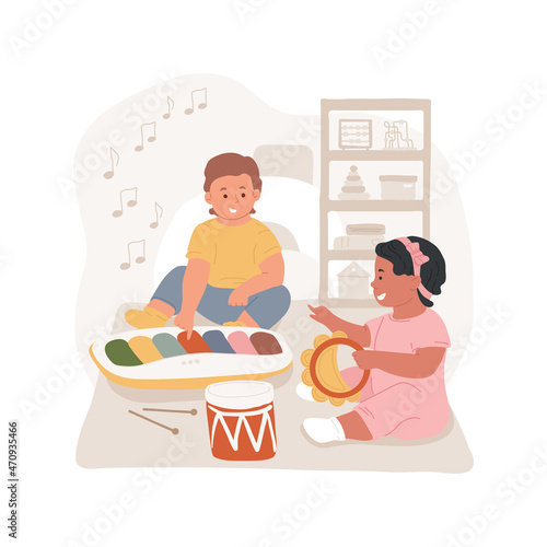 Play toy instruments isolated cartoon vector illustration. Baby experiments with toy instrument, kindergarten entertainment, cognitive development, infant daycare center cartoon vector.