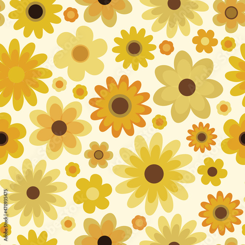 Yellow, retro sunflower floral seamless vector pattern. 70s inspired print with bold yellow flowers. Groovy, funky, happy seventies style repeat background wallpaper design. 